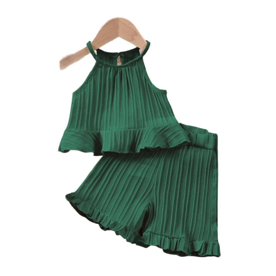 Girls Cold-shoulder Sleeveless Vest Two-piece Set. Comfortable and stylish for summer. Perfect for playing and looking g