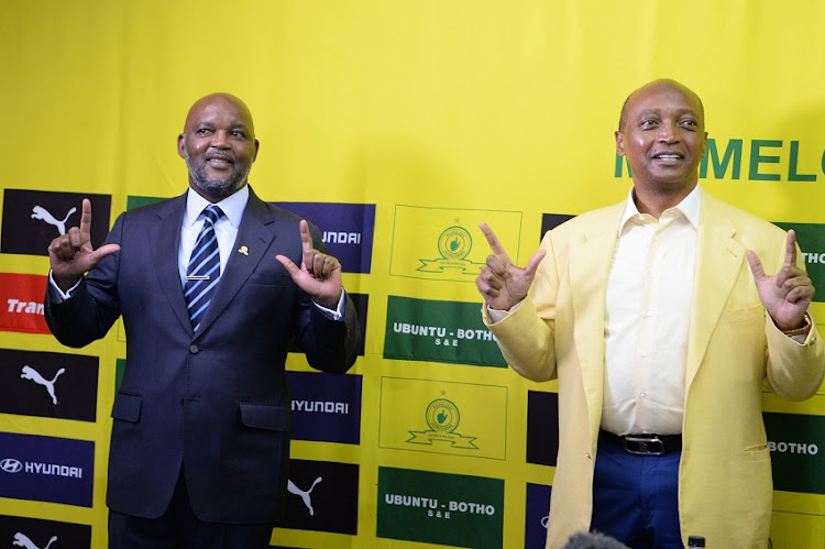 Mamelodi Sundowns coach Pitso Mosimane and Mamelodi Sundowns President Patrice Motsepe during the Mamelodi Sundowns 50th anniversary announcements in Sandton on May 21, 2020 in Johannesburg, South Africa.