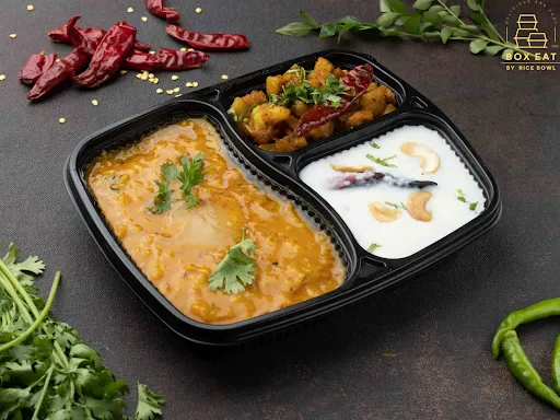 Ghee Sambar Rice With Kaju Curd Rice And Crispy Fried Aloo