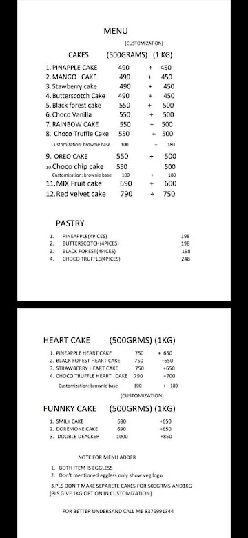 Cake Shop menu 