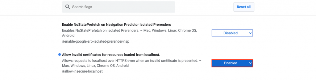 Capture d'écran montrant comment ignorer entièrement le certificat SSL sur Chrome