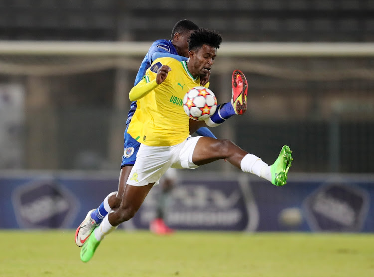 Abubeker Nasir Ahmed of Mamelodi Sundowns tackled by Thatayaone Ditlhokwe of Supersport United during the DStv Premiership 2022/23 match between Supersport United and Mamelodi Sundowns.