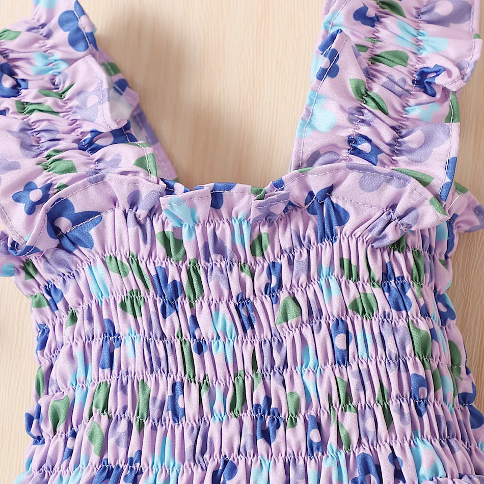 Macacão infantil de alcinha sem mangas Little Cuihua com estampa floral e faixa de cabelo, roupa de verão para bebê menina.