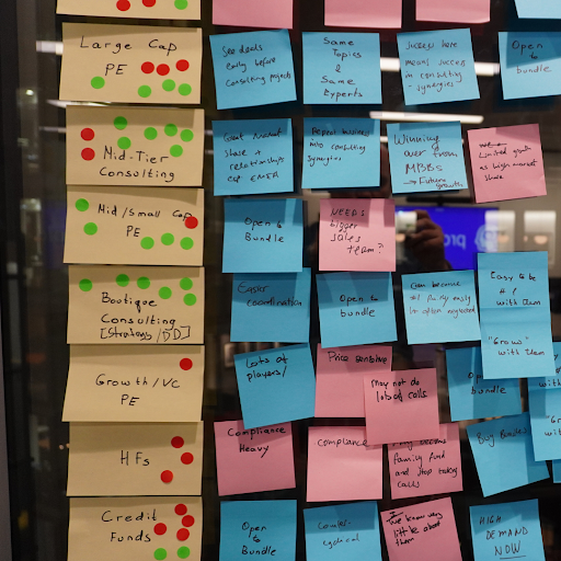 On the left there are rectangular yellow sticky notes with a variety of red and green sticky dots on them. The the right in line with each yellow sticky note are blue and pink square sticky notes. They have no sticky dots.