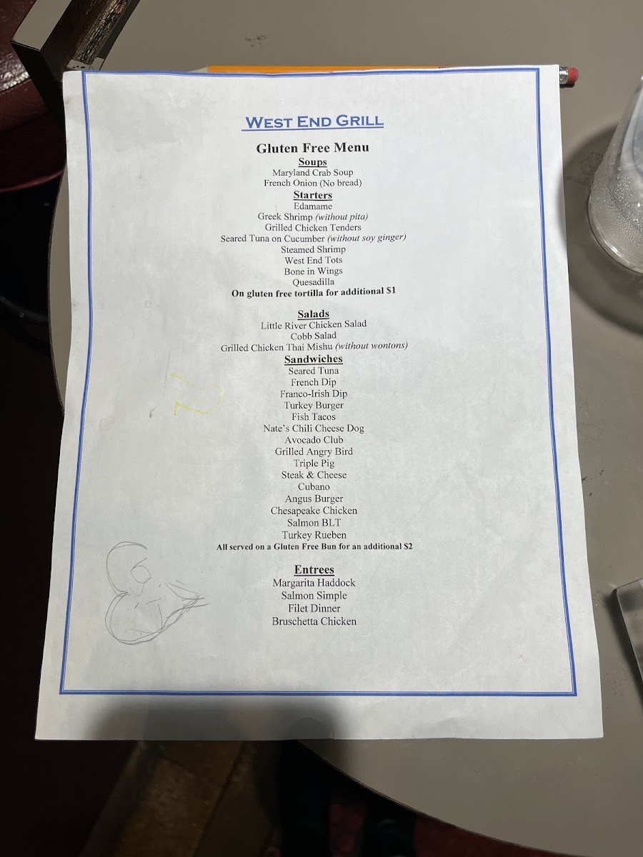 West End Grill gluten-free menu