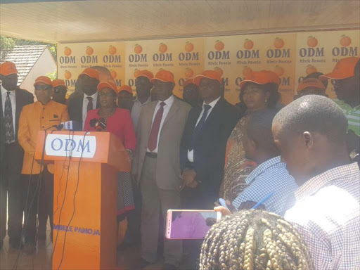 ODM National Elections Board chair Judy Pareno and other leaders address the press at Orange House on Wednesday, January 30, 2019. / COURTESY