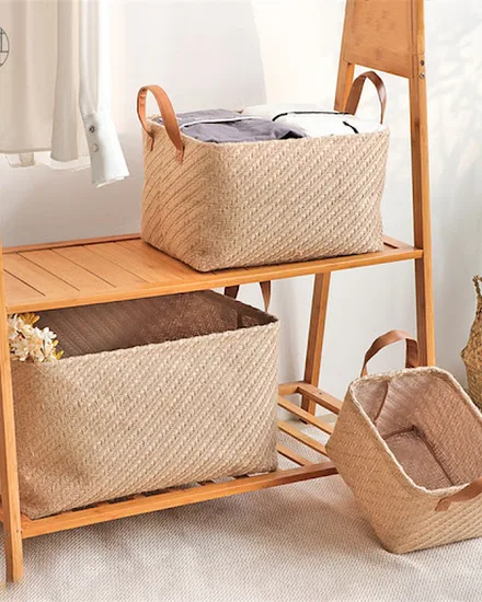 Jute Fabric Storage Basket With Handles Foldable Woven Or... - 3