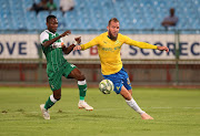 Jeremy Brockie of Sundowns challenged by Asterio of Leones during the 2018/19 CAF Champions League football match between Sundowns and Leones Vegatarianos at Loftus Stadium, Pretoria on 05 December 2018.