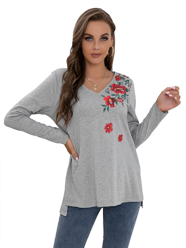 Title 19, Casual Loose Long Sleeve Printed V-Neck T-Shirt