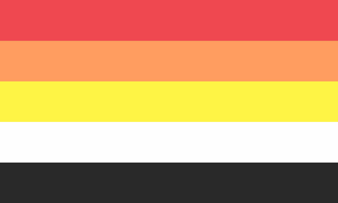 5 horizontal stripes going bright red, orange, yellow, white, black from top to bottom. 