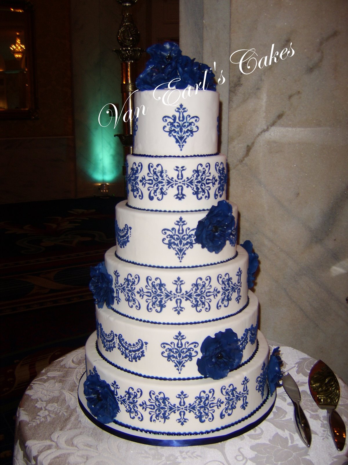 Blue Damask Wedding Cake