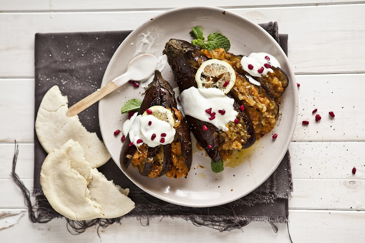 Vegan stuffed aubergines.