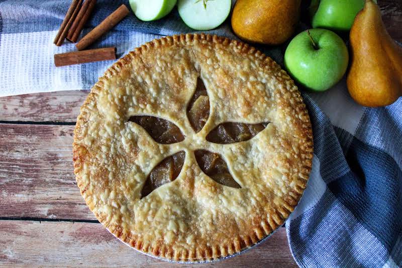 Apple Pear Pie Ready To Be Sliced.