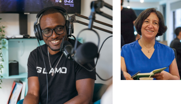 A man wearing headphones speaking on the mic and smiling; One woman laughing while looking at another woman, laughing woman in focus