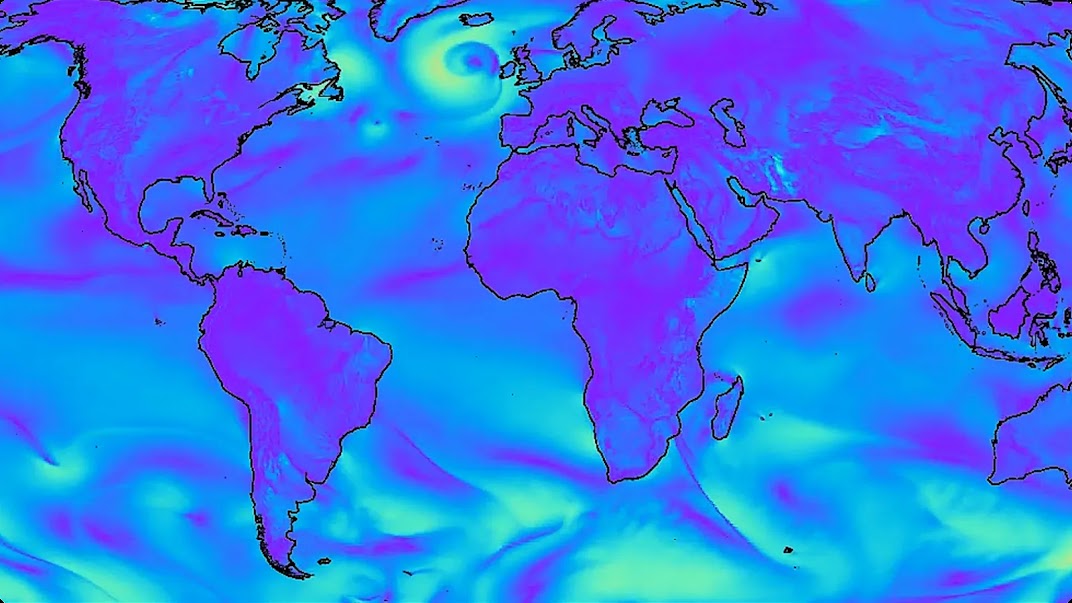 Previsão do tempo global GraphCast da velocidade do vento na superfície