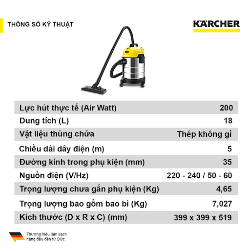 Máy hút bụi đa năng khô và ướt Karcher WD 1s Classic công suất 1300W dung tích 18 lít thép không gỉ