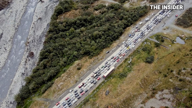 Drone footage shows long queues of vehicles on the way to exit Russia on its border with Georgia, in Verkhny Lars, Russia, September 26 2022. Picture: THE INSIDER/REUTERS