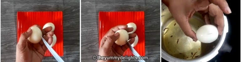 Make long incisions on the egg for making egg biryani recipe