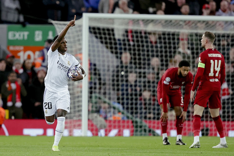 Vinicius Junior of Real Madrid celebrates a goal in their Uefa Champions League win against Liverpool at Anfield in Liverpool on February 21 2023.