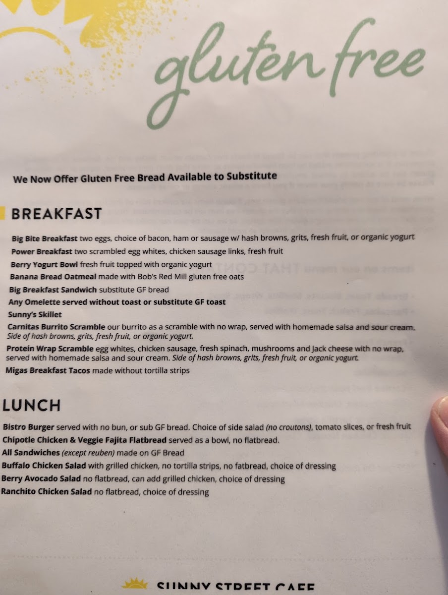 Sunny Street Cafe gluten-free menu