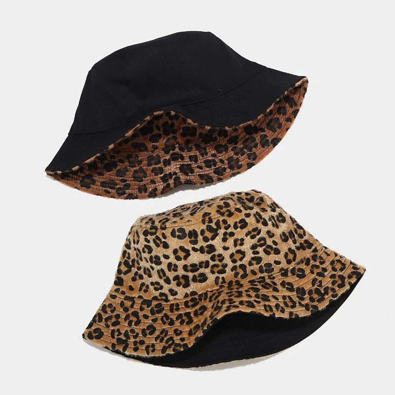 Leopard Double-sided Fisherman Hat Female Woolen Bowl Hat Autumn And Winter Outdoor Sun Hat