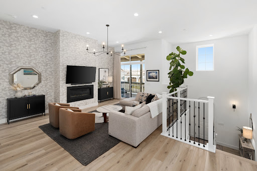 Modern living room with fireplace and stairs - Luxury property for sale in San Luis Obispo, 4 bedrooms