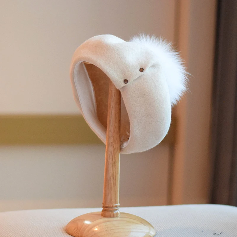 Wool Beret Women's Fur Ball Fashion Painter Cap