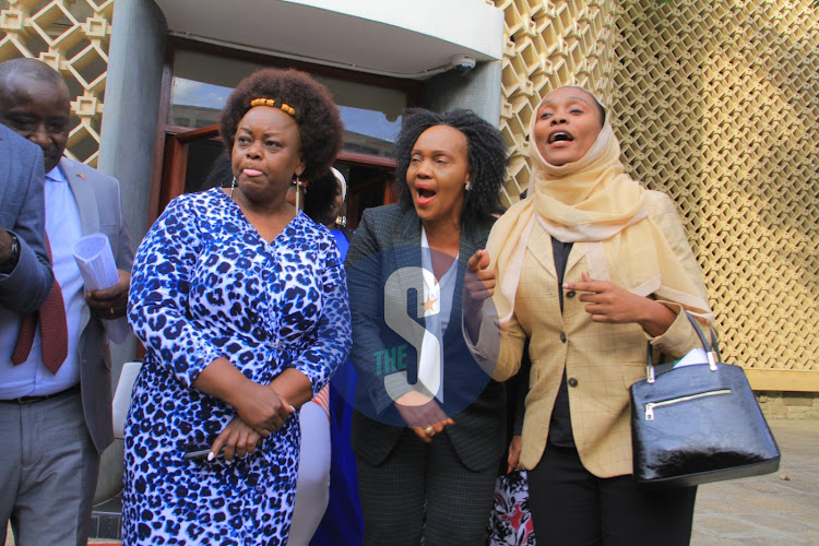 Suba North MP Millie Odhiambo, Kisumu West MP Rosa Buyu and Malindi MP Amina Myanzi outside the Parliament after they were suspended for two weeks for causing trouble inside parliament on June 8,2023.