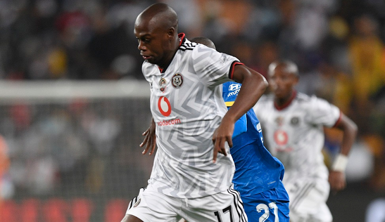 Evidence Makgopa in action for Orlando Pirates in the friendly Black Label Cup final against Mamelodi Sundowns at FNB Stadium on November 12 2022.