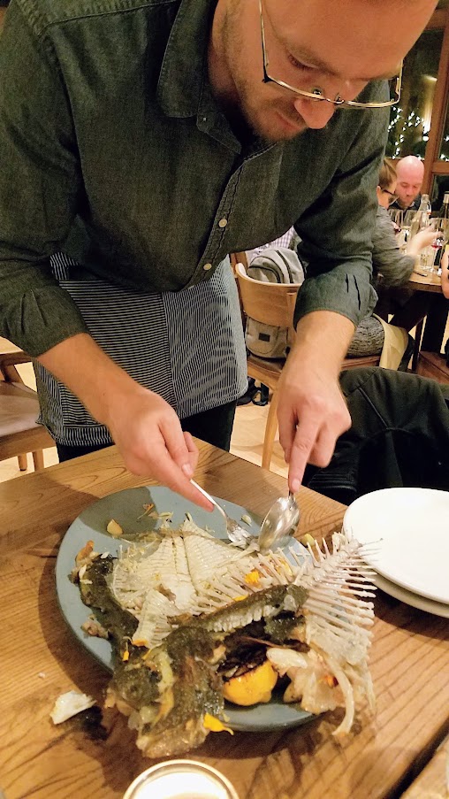 Seasonal Fish fileted tableside with truffle potato purée, wild mushrooms, chasseur sauce at King Tide Fish and Shell, Portland.