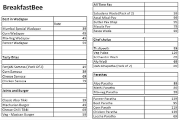 Breakfast Bee menu 