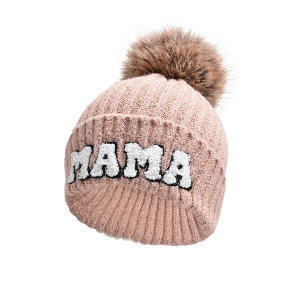 Gorro de lana con letras MAMA, gorro cálido con bola de piel para exteriores