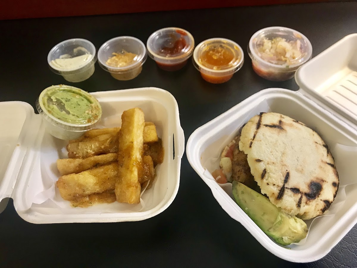 Vegan arepa and garlic yucca fries. Several hours after ordering. Yum!