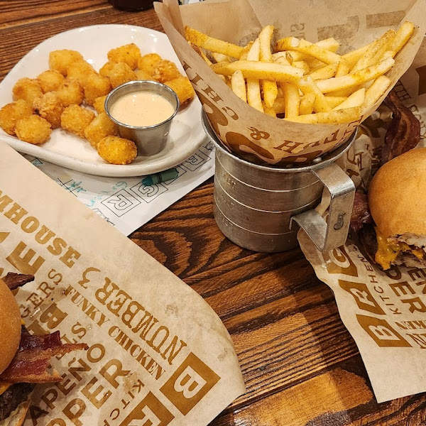 Burgers, fries, and tots