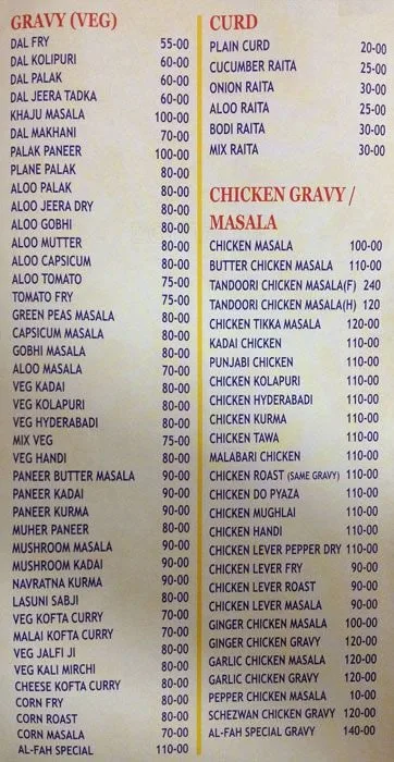 Al Fah Family Restaurant menu 