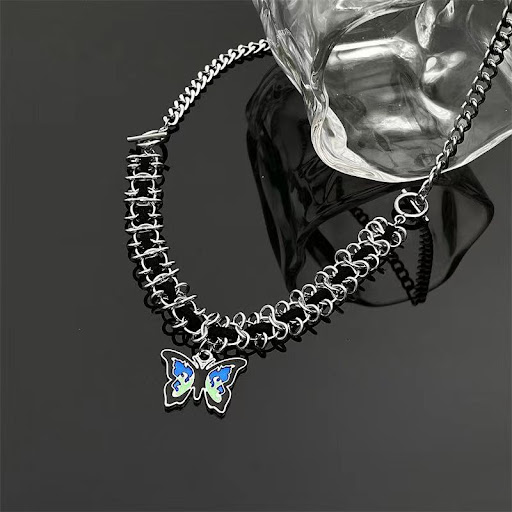 Title 2, Blue Flame OT Buckle Rope Butterfly Necklace fo...