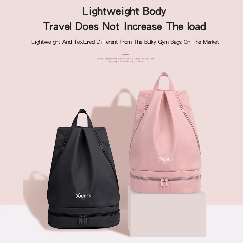 Bolsa de natação feminina com separação à prova d'água para molhado e seco, ideal para guardar roupas e pertences na piscina ou praia.