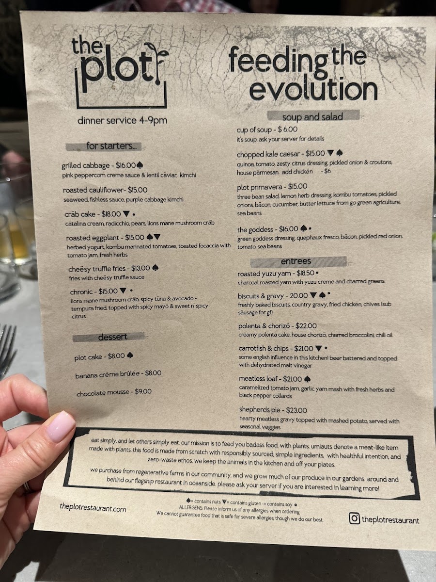 The Plot gluten-free menu