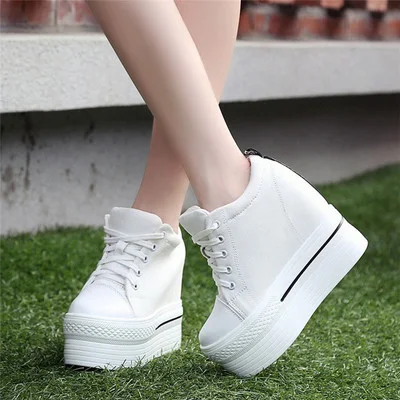 Sapatos femininos de salto super alto e sola grossa 11CM, casuais, de lona, com cadarço e plataforma muffin, para estilo e conforto elevados.