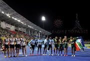 Gold medallists Botswana's Busang Collen Kebinatshipi, Letsile Tebogo, Leungo Scotch and Bayapo Ndori celebrate winning the 4x400m alongside silver medallists South Africa's Gardeo Isaacs, Zakithi Nene, Antonie Nortje and Lythe Pillay and bronze medallists Belgium's Dylan Borlee, Robin Vanderbemden, Alexander Doom and Jonathan Sacoor.