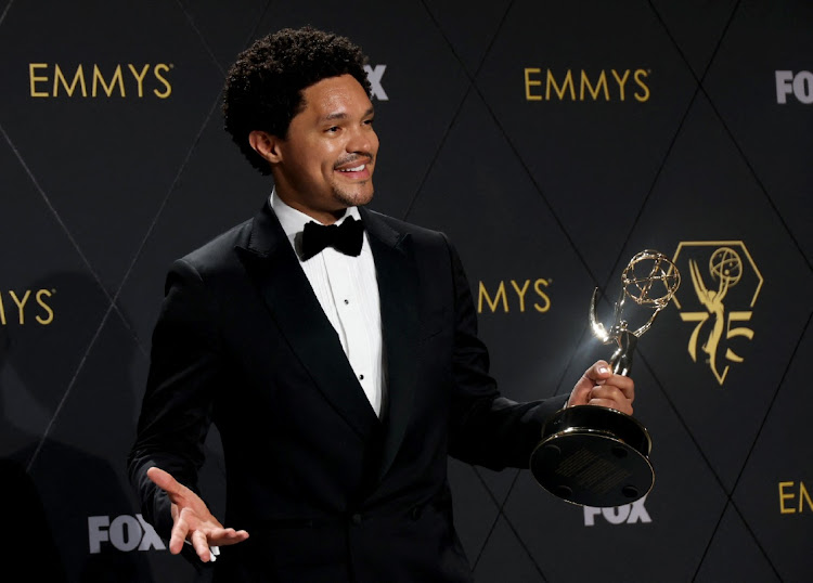 Trevor Noah poses with the Variety Series award for "The Daily Show with Trevor Noah" at the 75th Primetime Emmy Awards in Los Angeles, California, U.S., January 15, 2024.