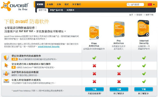 avast下載頁面,免費版與付費版差異