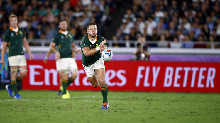 Handre Pollard during the Rugby World Cup 2019 Pool B match between New Zealand and South Africa at International Stadium Yokohama on September 21, 2019 in Yokohama, Japan.