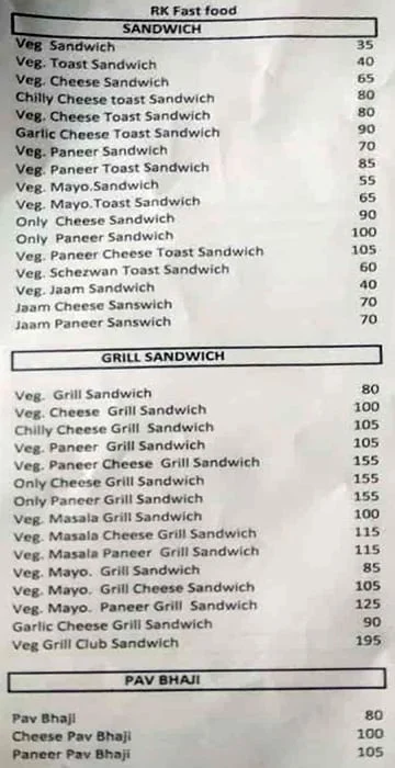 R K Fast Food Corner menu 