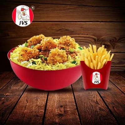 Chicken Popcorn Rice Bowl With Hot & French Fries