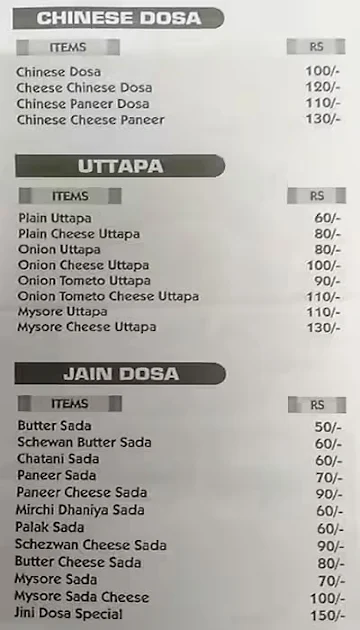 Narayan Dosa menu 