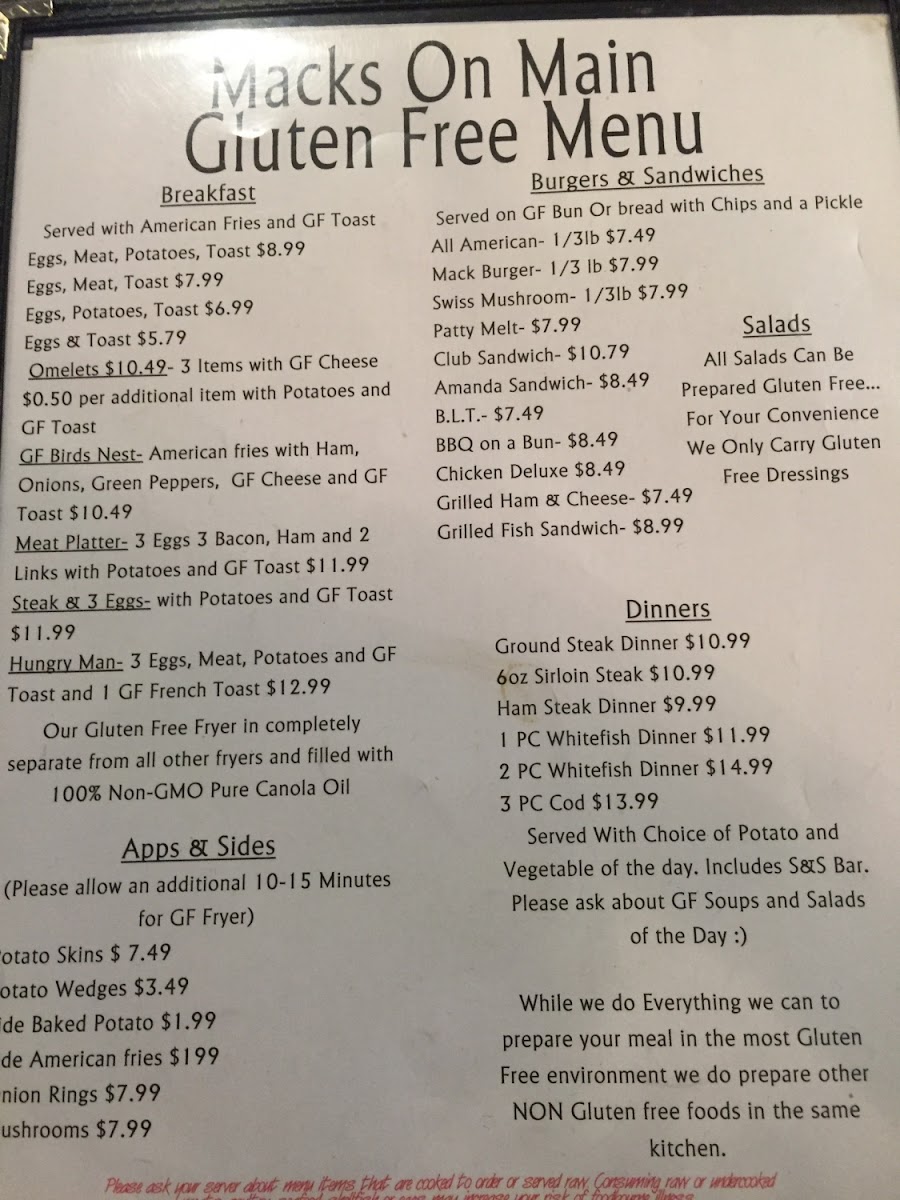 Gluten-Free at Mack's Menu