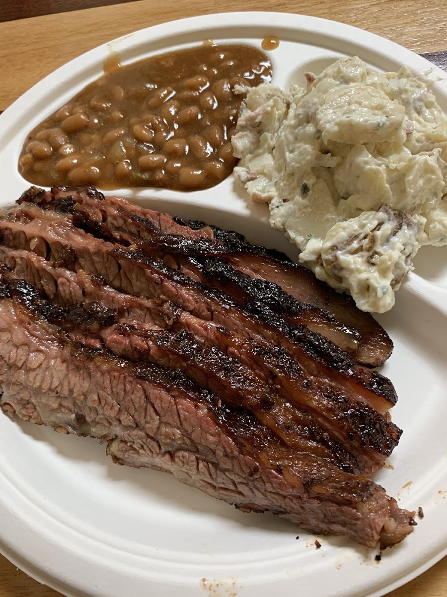 One of the best gluten free meals I’ve ever had! Brisket, baked beans and loaded potato salad were all amazing!