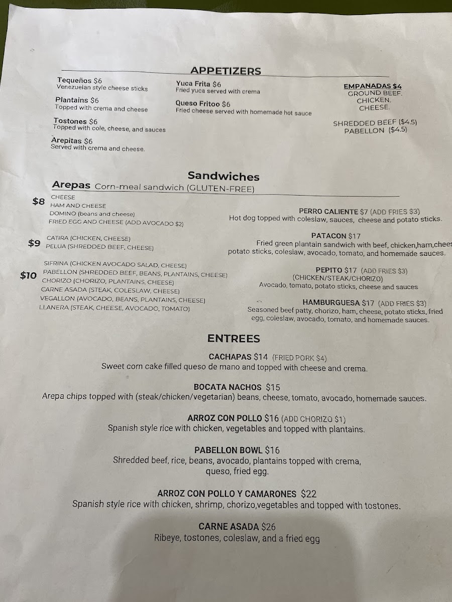 Bocata Arepa Bar gluten-free menu