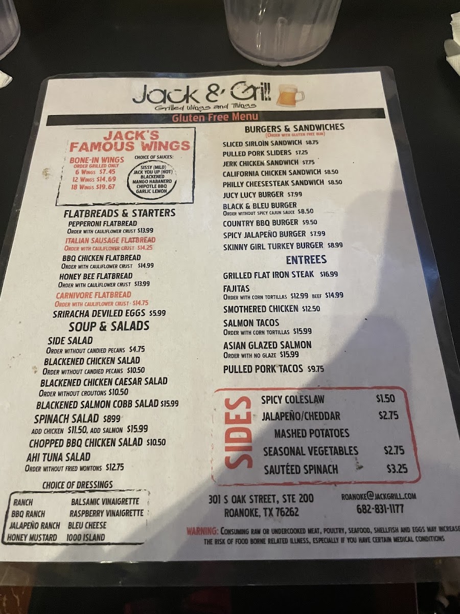 Jack & Grill Gluten Free Menu